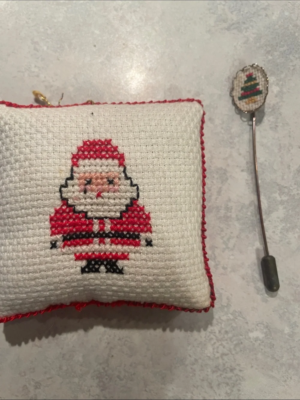 Vintage Needlepoint Stickpin and Santa Ornament